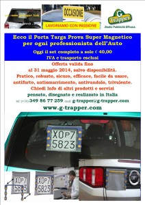 Porta Targa prova magnetici professionali. Trivalenti, antifurto, anti vandalo, anti smarrimento. Porta targa di prova con calamita. Pensati, disegnati e realizzati in Italia, insieme ai famosi cartelli magnetici proposti da G-Trapper info:  g-trapper@g-trapper.com