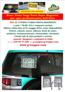 Porta Targa prova magnetici professionali. Trivalenti, antifurto, anti vandalo, anti smarrimento. Porta targa di prova con calamita. Pensati, disegnati e realizzati in Italia, insieme ai famosi cartelli magnetici proposti da G-Trapper info:  g-trapper@g-trapper.com